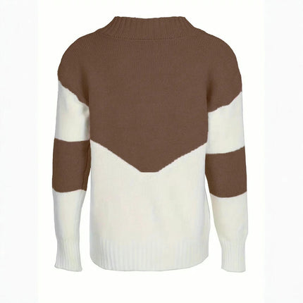 Women's Long Sleeve Pullover Sweater Casual Loose Contrast Color V-Neck Sweater