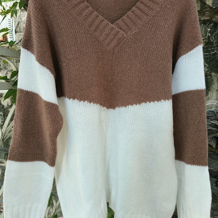 Women's Long Sleeve Pullover Sweater Casual Loose Contrast Color V-Neck Sweater