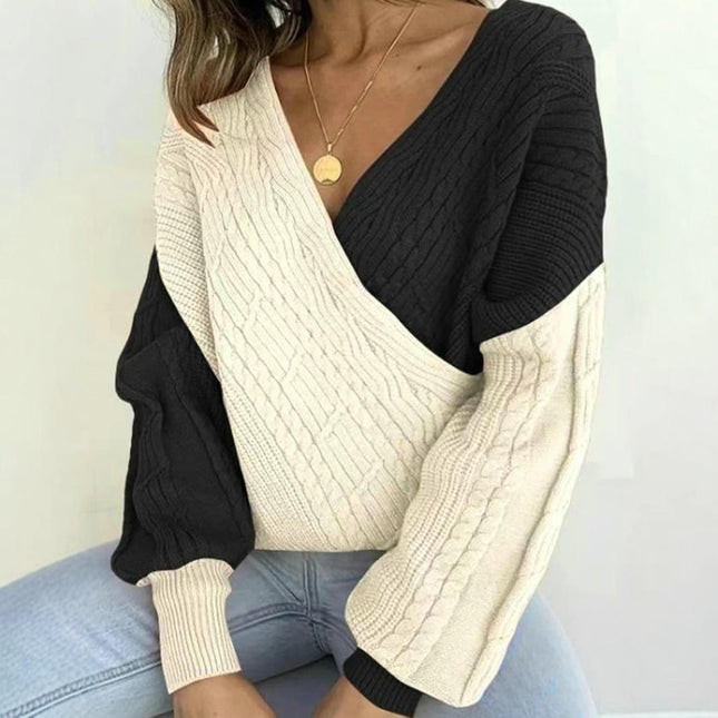 Autumn and Winter Loose Deep V-neck Large Size Women's Contrast Color Sweater