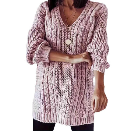 Women's Long-Sleeved Knitted Sweater, Loose V-neck, Elegant Pullover Sweater