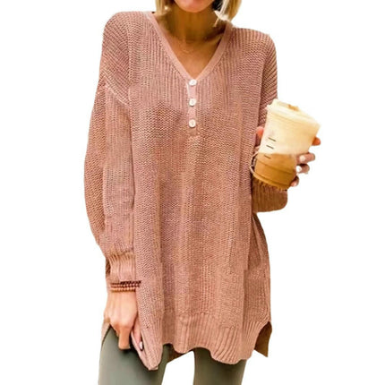 Womens Pullover Sweater Long Sleeve Crewneck Casual Loose Button Sweater