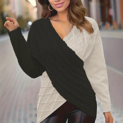 Women's Long Sleeve V-Neck Sweater Front Colorblock Cross Knit Sweater