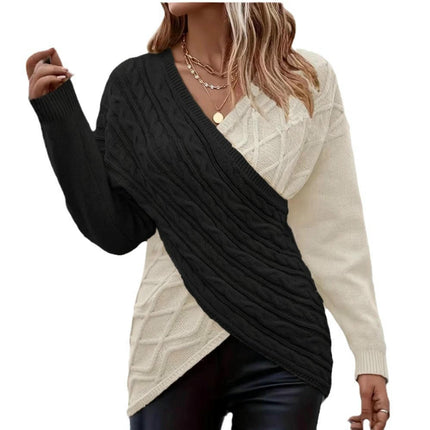 Women's Long Sleeve V-Neck Sweater Front Colorblock Cross Knit Sweater