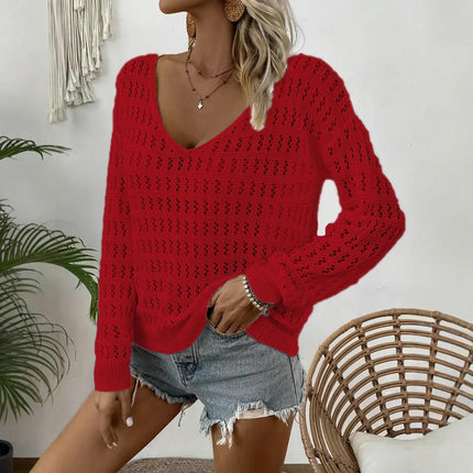 Women's V-neck Pullover Solid Color Knitted Long-Sleeved Hollow Sweater