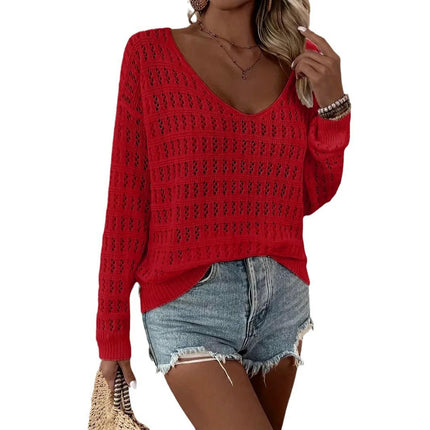 Women's V-neck Pullover Solid Color Knitted Long-Sleeved Hollow Sweater