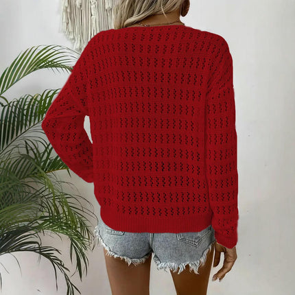 Women's V-neck Pullover Solid Color Knitted Long-Sleeved Hollow Sweater
