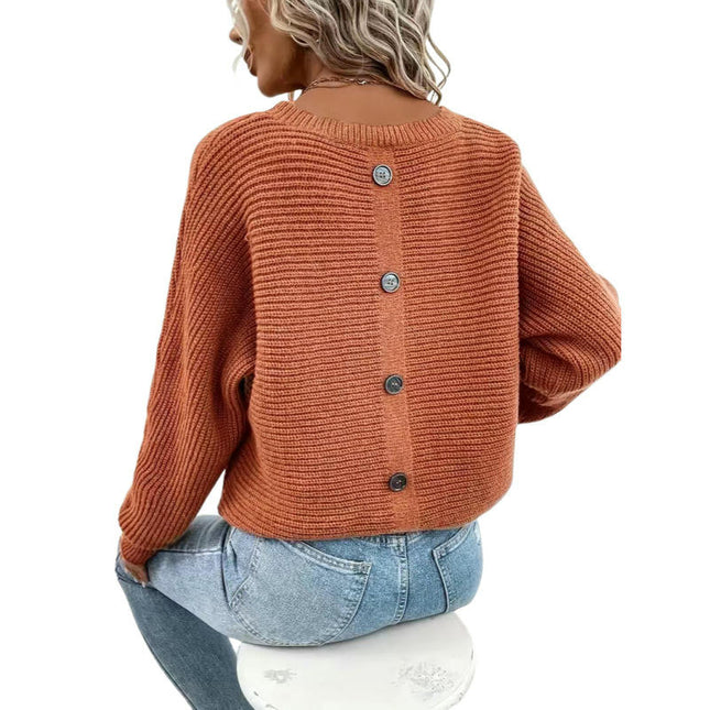 Women's Fashion Crew Neck Knit Pullover Plus Size Button Long Sleeve Sweater