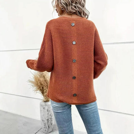Women's Fashion Crew Neck Knit Pullover Plus Size Button Long Sleeve Sweater