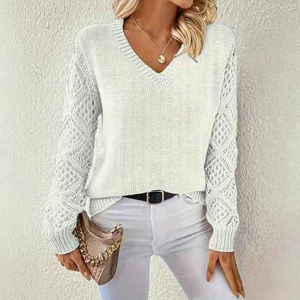 Women's V-neck Knitted Sweater Fashion Hollow Long Sleeve Casual Knitted Top