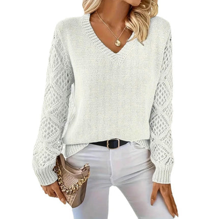 Women's V-neck Knitted Sweater Fashion Hollow Long Sleeve Casual Knitted Top