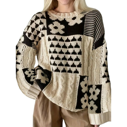 Women's Autumn and Winter Jacquard Pullover Round Neck Lazy Large Size Knitted Sweater