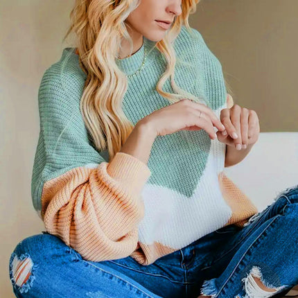 Women's Round Neck Contrast Color Long Sleeve Large Size Knitted Sweater