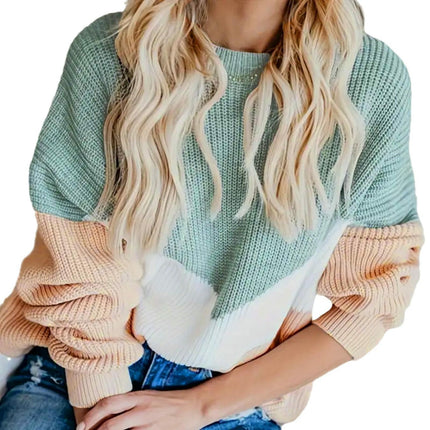 Women's Round Neck Contrast Color Long Sleeve Large Size Knitted Sweater