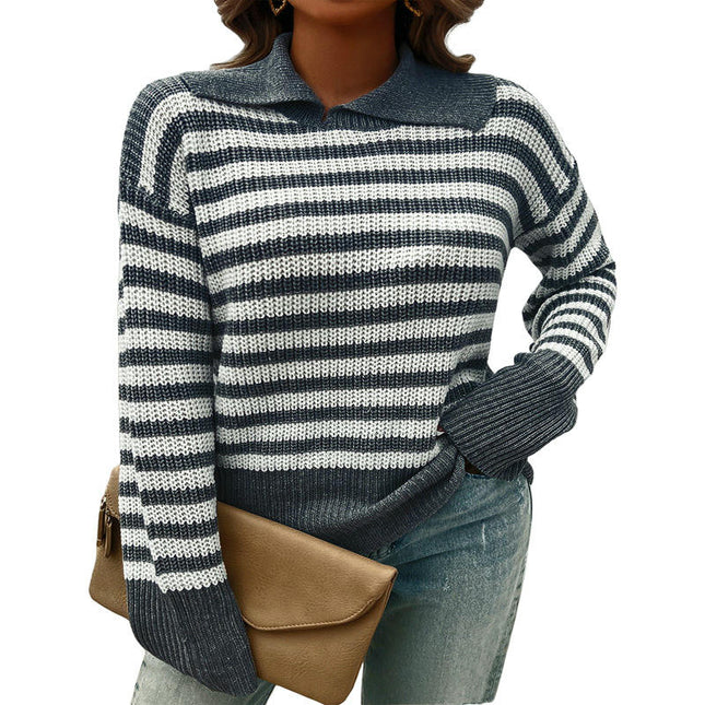 Women's Casual Loose Long Sleeve Knit Top - Large Size Lapel Striped Sweater
