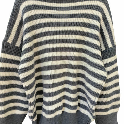 Women's Casual Loose Long Sleeve Knit Top - Large Size Lapel Striped Sweater