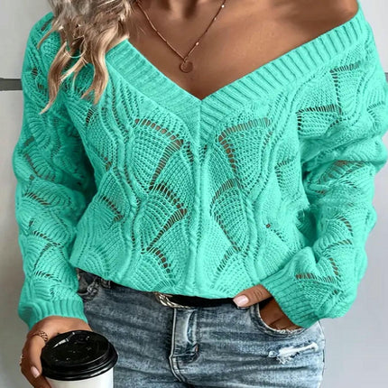 Women's Sexy V-neck Sweater Spring Fashion Lightweight Woven Hollow Pullover