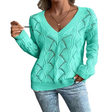 Women's Sexy V-neck Sweater Spring Fashion Lightweight Woven Hollow Pullover