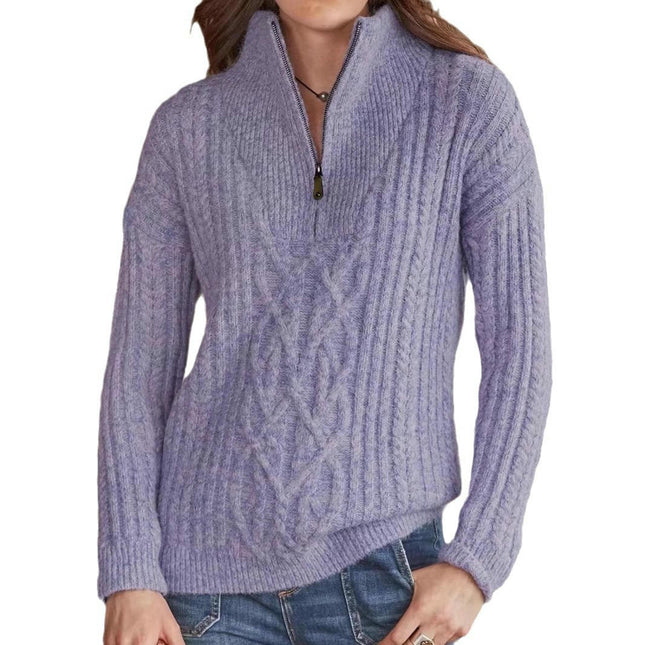 Women's Fashion Elegant Solid Color Half Zipper Long Sleeve Large Size Knitted Sweater