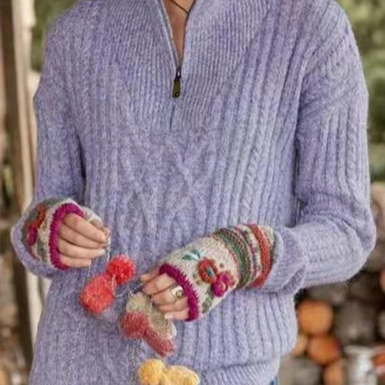 Women's Fashion Elegant Solid Color Half Zipper Long Sleeve Large Size Knitted Sweater