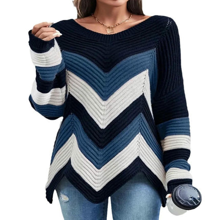 Women's Striped Color Block Sweater Long Sleeve Casual Soft Knit Sweater Pullover Tops