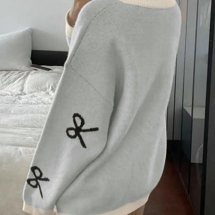 Women's Lazy Bow Round Neck Sweater - Long Sleeve Loose Pullover