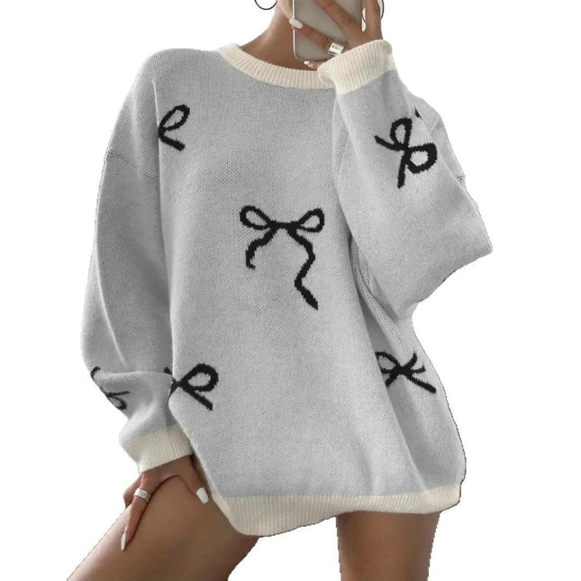 Women's Lazy Bow Round Neck Sweater - Long Sleeve Loose Pullover