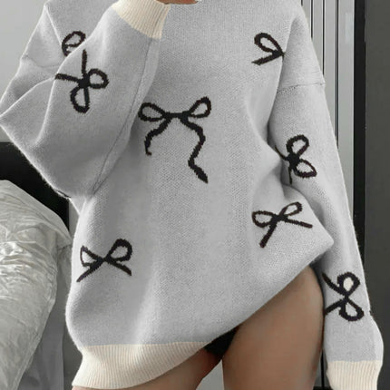 Women's Lazy Bow Round Neck Sweater - Long Sleeve Loose Pullover