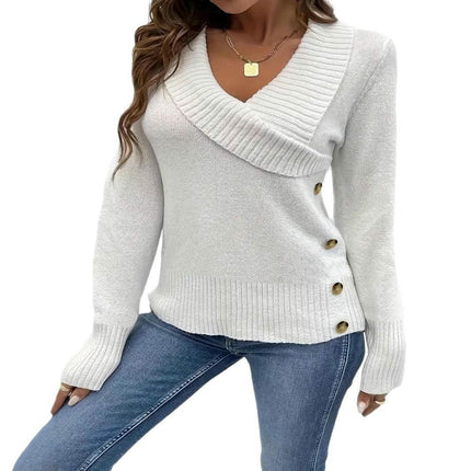 Women's Elegant Pullover Long Sleeve Crossover V Neck Button Knit Sweater