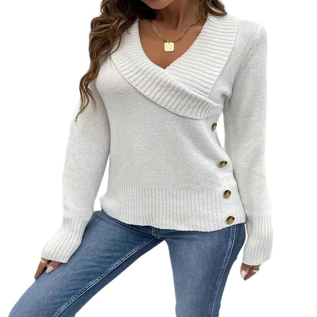 Women's Elegant Pullover Long Sleeve Crossover V Neck Button Knit Sweater