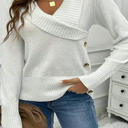Women's Elegant Pullover Long Sleeve Crossover V Neck Button Knit Sweater