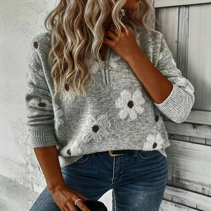 Autumn and Winter Long Sleeve Knitted Sweater Half Zipper Pullover Women's Printed Sweater