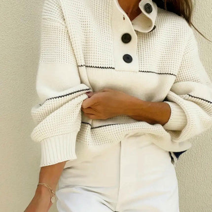 Women's Waffle Knit Knitwear Slouchy Striped Long Sleeve Pullover Sweater Tops
