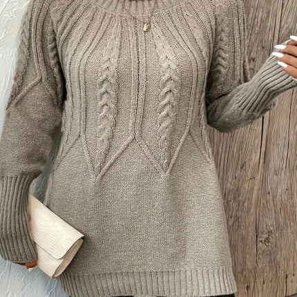 Women's Solid Color Round Neck Knitted Cable Casual Long Sleeve Pullover Sweater