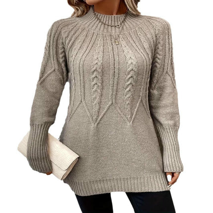 Women's Solid Color Round Neck Knitted Cable Casual Long Sleeve Pullover Sweater
