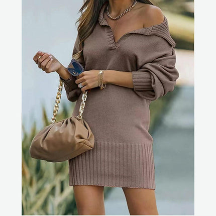 Women's Lapel Lantern Long Sleeve Sweater Dress Ribbed Knitted Pullover Midi Dress