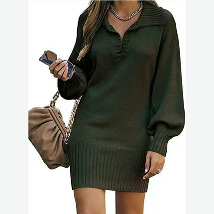 Women's Lapel Lantern Long Sleeve Sweater Dress Ribbed Knitted Pullover Midi Dress