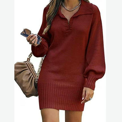 Women's Lapel Lantern Long Sleeve Sweater Dress Ribbed Knitted Pullover Midi Dress