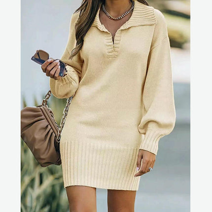 Women's Lapel Lantern Long Sleeve Sweater Dress Ribbed Knitted Pullover Midi Dress