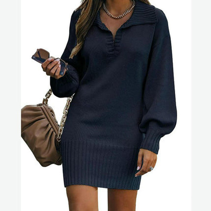 Women's Lapel Lantern Long Sleeve Sweater Dress Ribbed Knitted Pullover Midi Dress