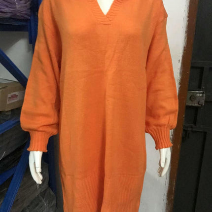 Women's Lapel Lantern Long Sleeve Sweater Dress Ribbed Knitted Pullover Midi Dress