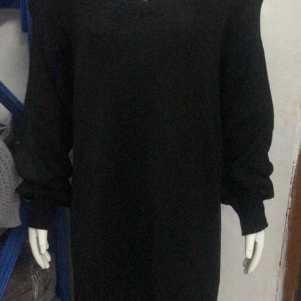 Women's Lapel Lantern Long Sleeve Sweater Dress Ribbed Knitted Pullover Midi Dress