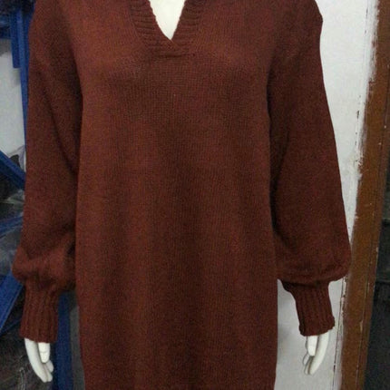 Women's Lapel Lantern Long Sleeve Sweater Dress Ribbed Knitted Pullover Midi Dress