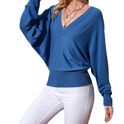 Women's Bat Sleeve V-Neck Solid Color Casual Knitted Bottoming Sweater