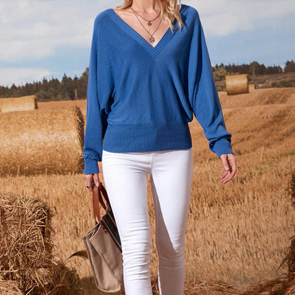 Women's Bat Sleeve V-Neck Solid Color Casual Knitted Bottoming Sweater