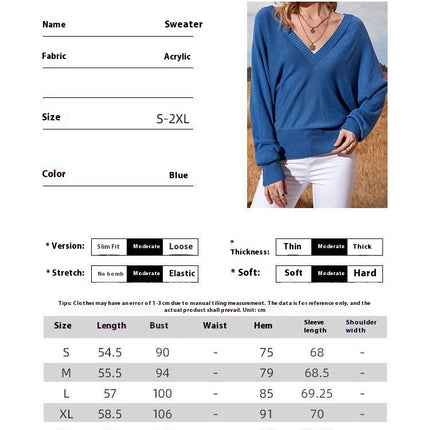Women's Bat Sleeve V-Neck Solid Color Casual Knitted Bottoming Sweater