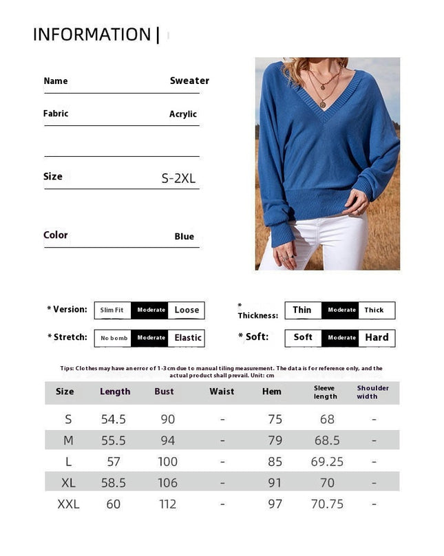 Women's Bat Sleeve V-Neck Solid Color Casual Knitted Bottoming Sweater