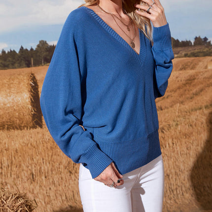 Women's Bat Sleeve V-Neck Solid Color Casual Knitted Bottoming Sweater