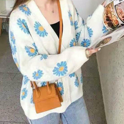 Fresh Daisy Button Cardigan Sweater Women's Autumn Fashion V-neck Knitted Jacket