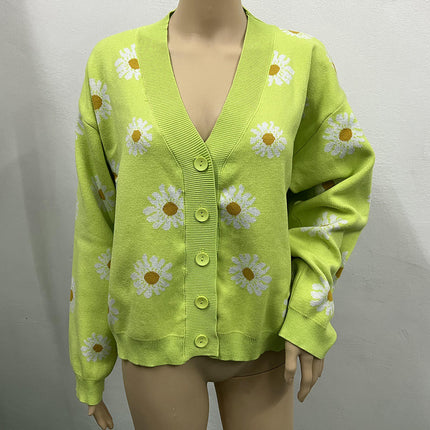 Fresh Daisy Button Cardigan Sweater Women's Autumn Fashion V-neck Knitted Jacket