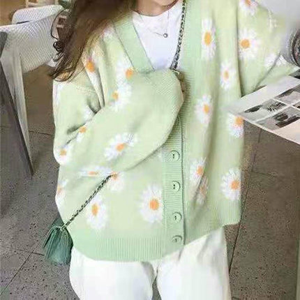 Fresh Daisy Button Cardigan Sweater Women's Autumn Fashion V-neck Knitted Jacket